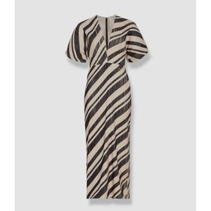 Lela Rose Beige Striped V-Neck Midi Sheath Dress Size 10 $1690